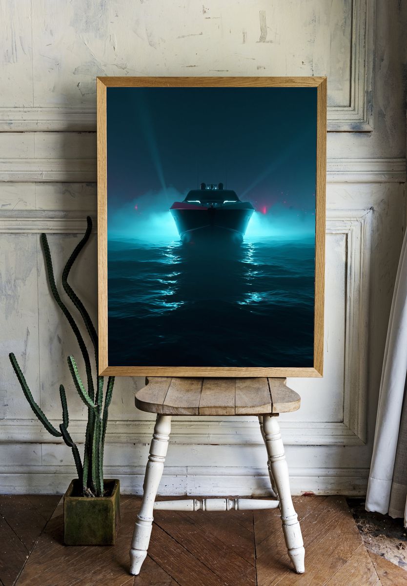 Neon Yacht at Sea Poster. — room view 1