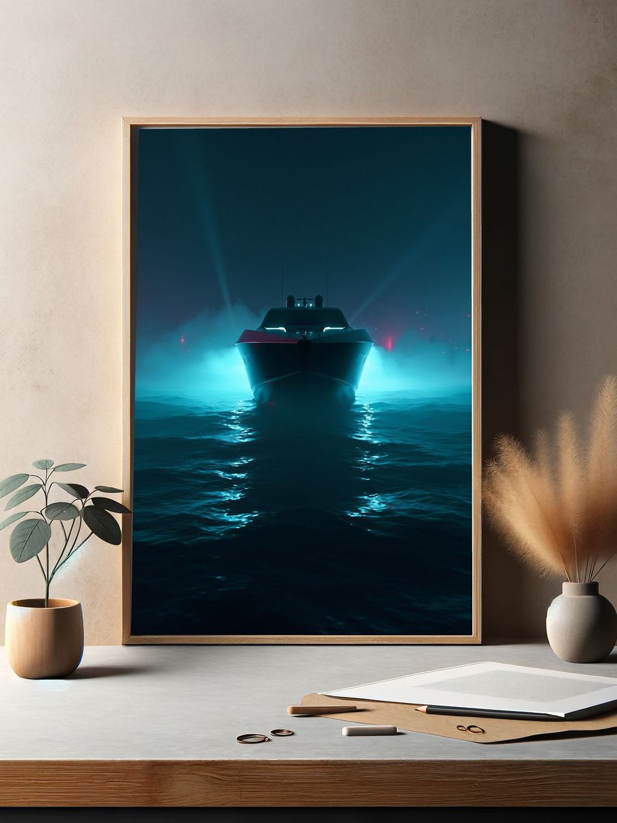 Neon Yacht at Sea Poster. — room view 2