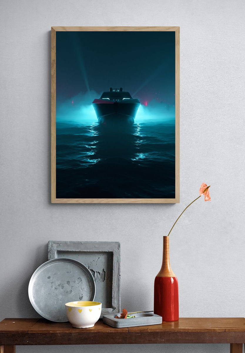 Neon Yacht at Sea Poster. — room view 3