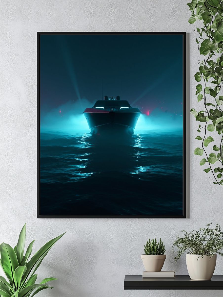Neon Yacht at Sea Poster. — room view 4