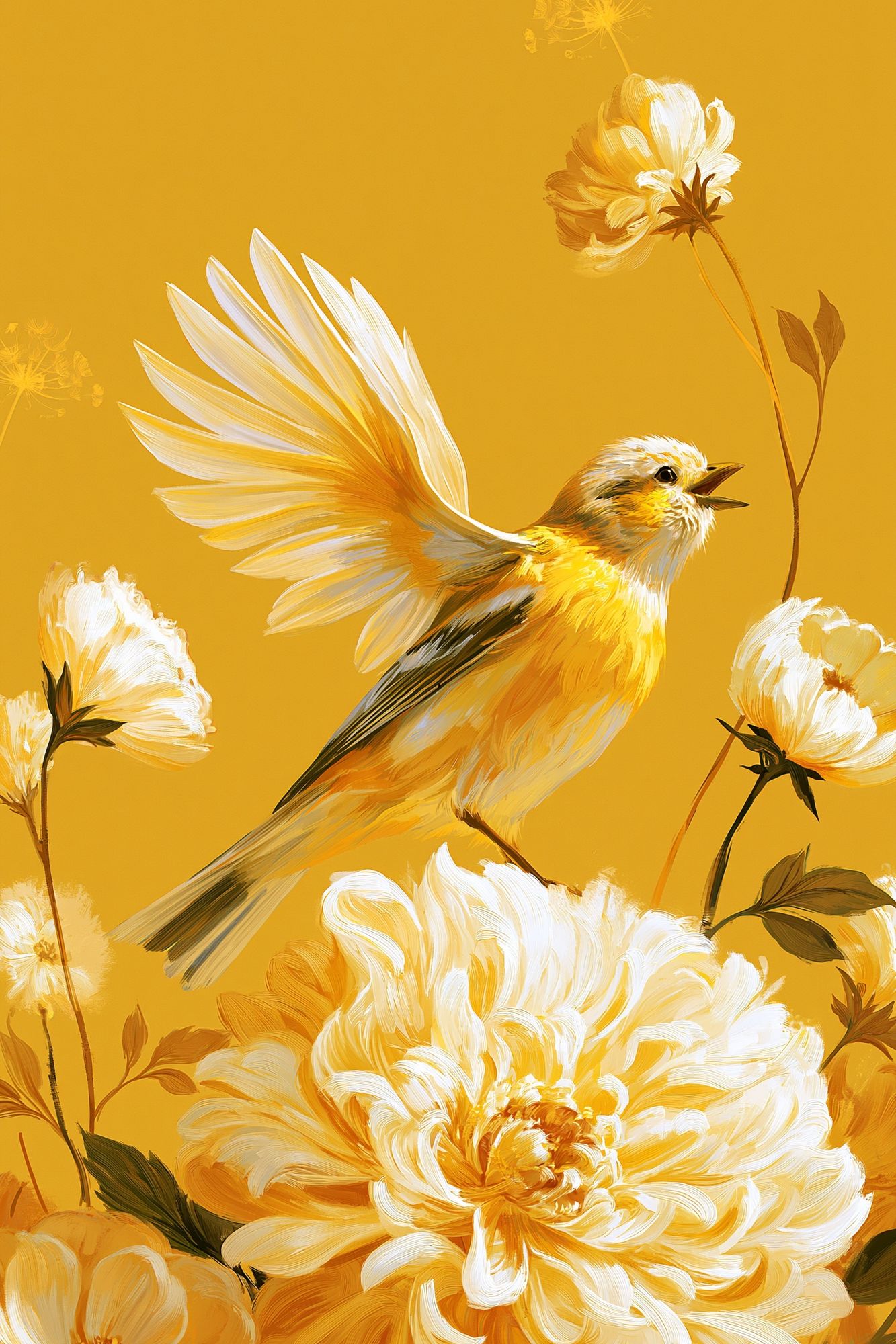 Yellow Bird and Flowers Illustration Poster. poster detail