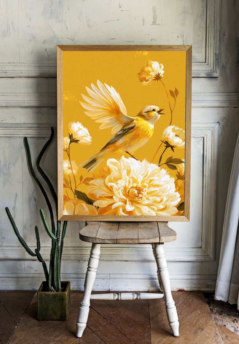 Yellow Bird and Flowers Illustration Poster. room preview