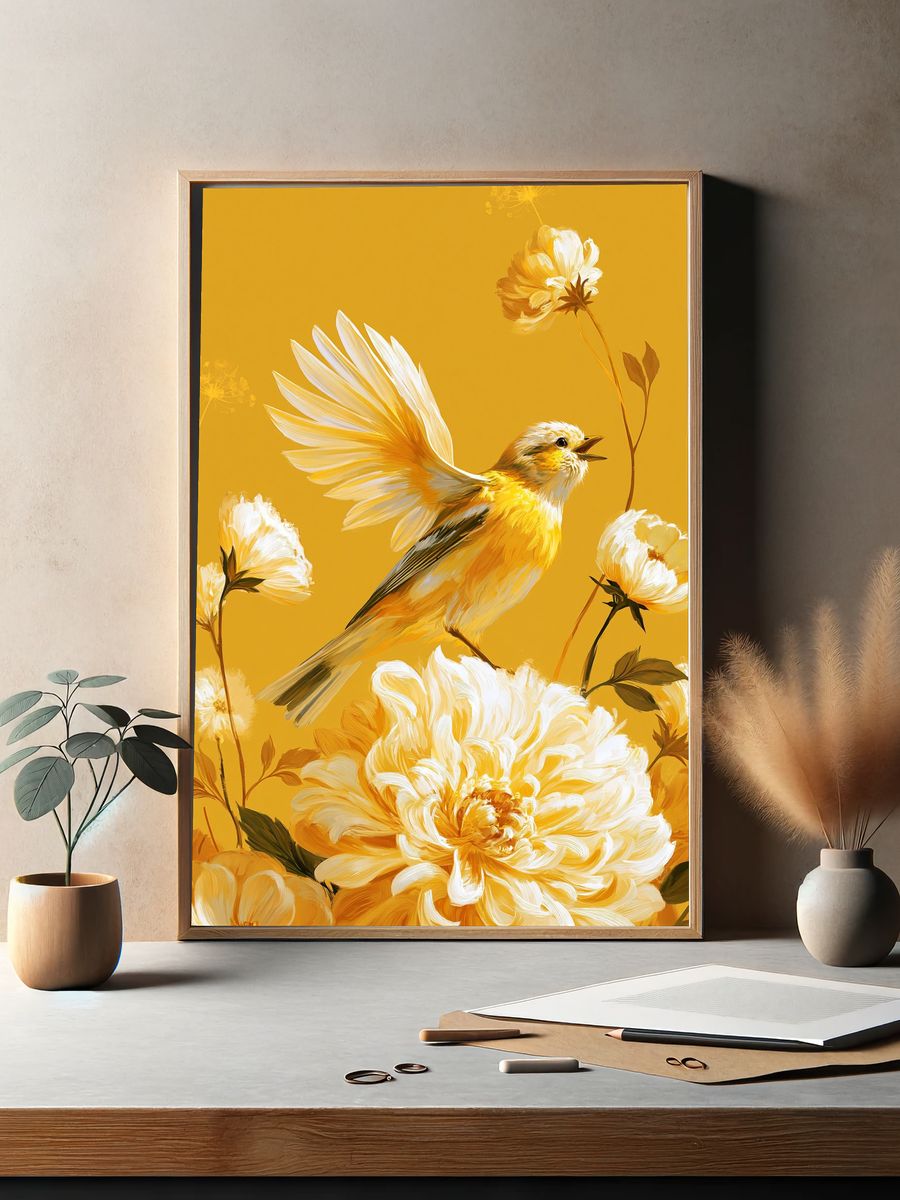 Yellow Bird and Flowers Illustration Poster. — room view 2
