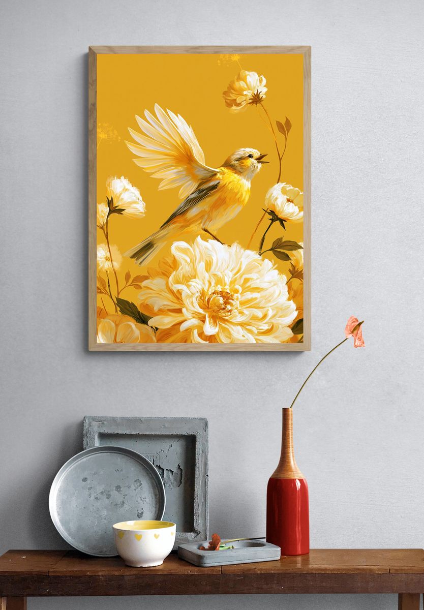Yellow Bird and Flowers Illustration Poster. — room view 3