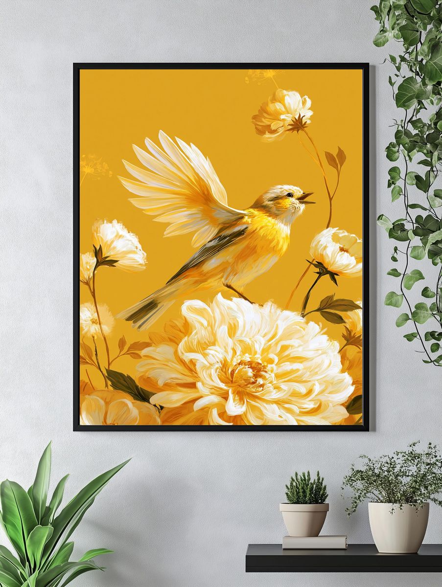 Yellow Bird and Flowers Illustration Poster. — room view 4