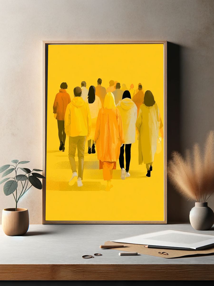 Yellow Crowd Illustration Poster. — room view 2