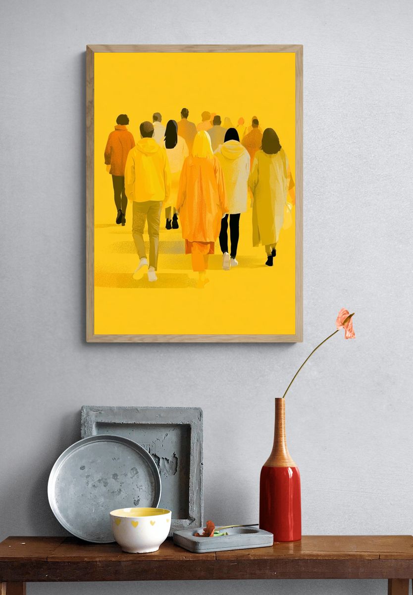 Yellow Crowd Illustration Poster. — room view 3