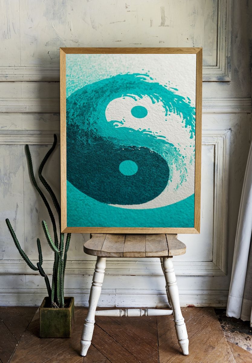 Yin Yang Teal Abstract Poster. room preview