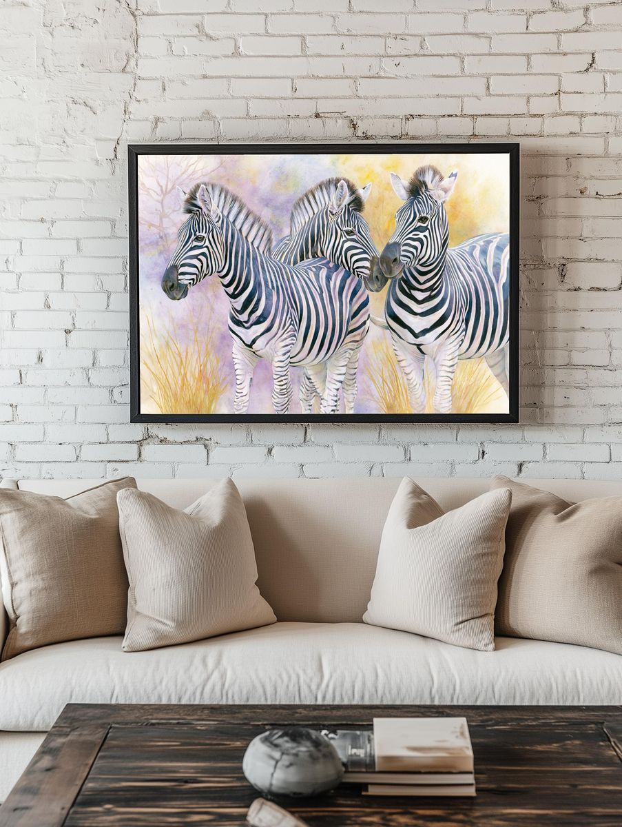 Zebra Trio Watercolor Poster. — room view 1