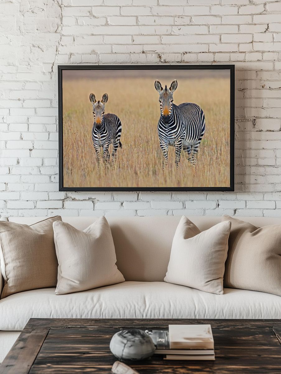 Zebra Family in Grassland Poster room preview