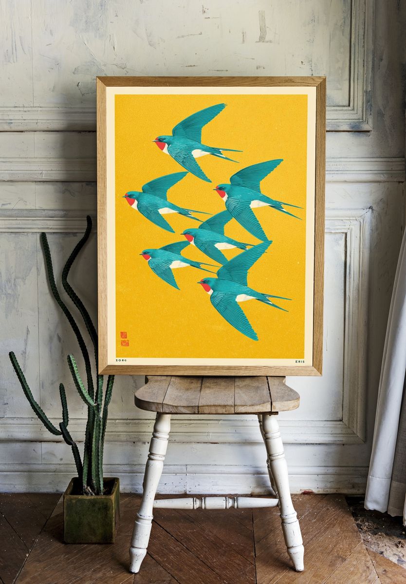 Swallows in Flight — Illustration Print. — room view 1